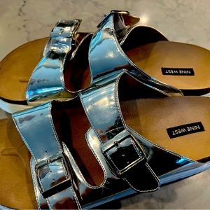 Nine West silver slides - molded footbed for comfort.